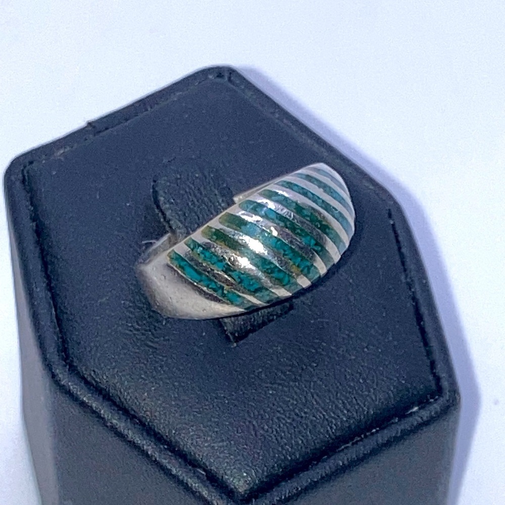 Vtg Taxco Sterling Silver Turquoise Inlay Inlaid Stripes Domed Ring Sz 6.5